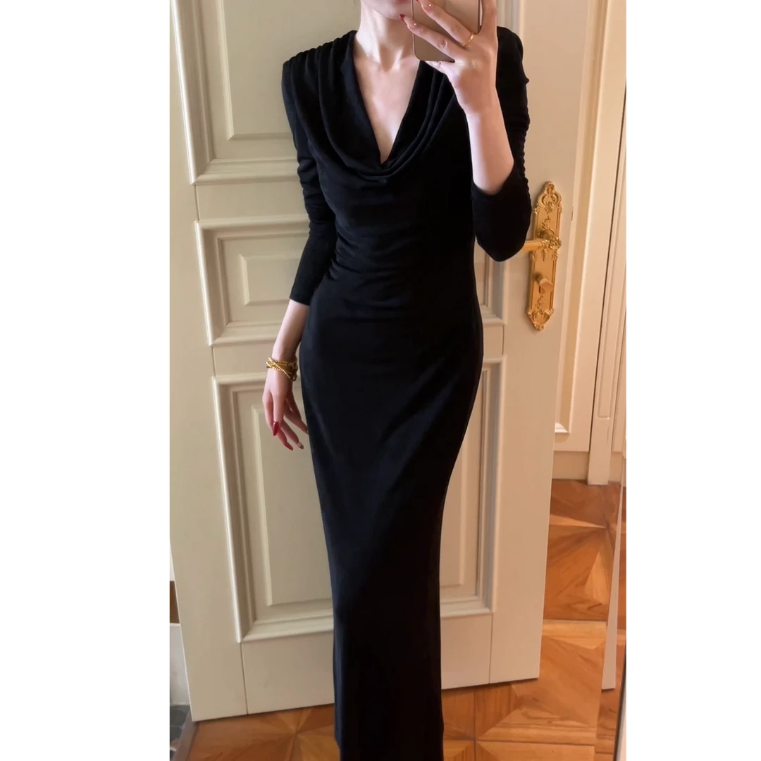 裁一2025春季新品透气爽滑修身收腰荡领气质长款连衣裙24-232