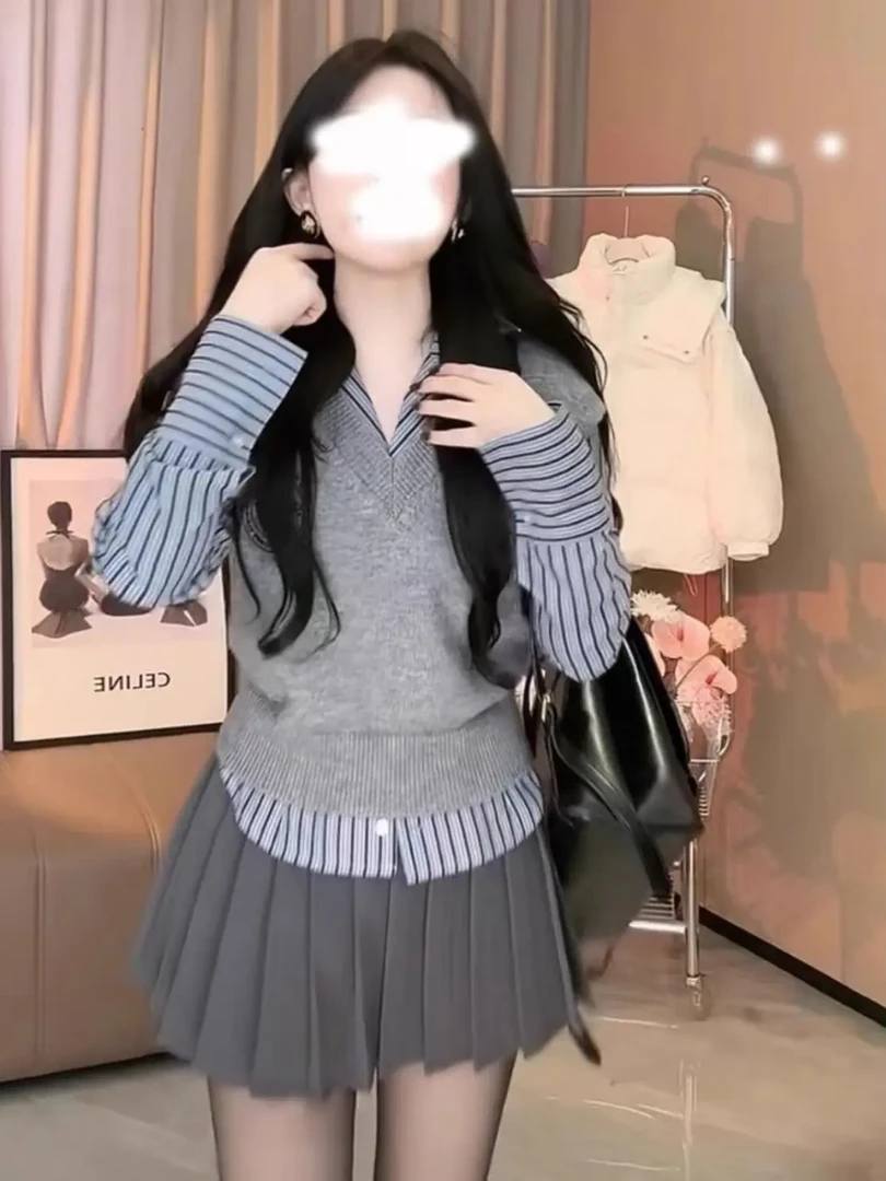 1188-6#(真三件)马甲背心+衬衫上衣+半身裙学院风套装2025秋新款