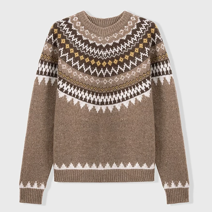 【英琪】格林费尔岛 100绵羊毛 提花气质显瘦圆领针织衫女文艺休闲