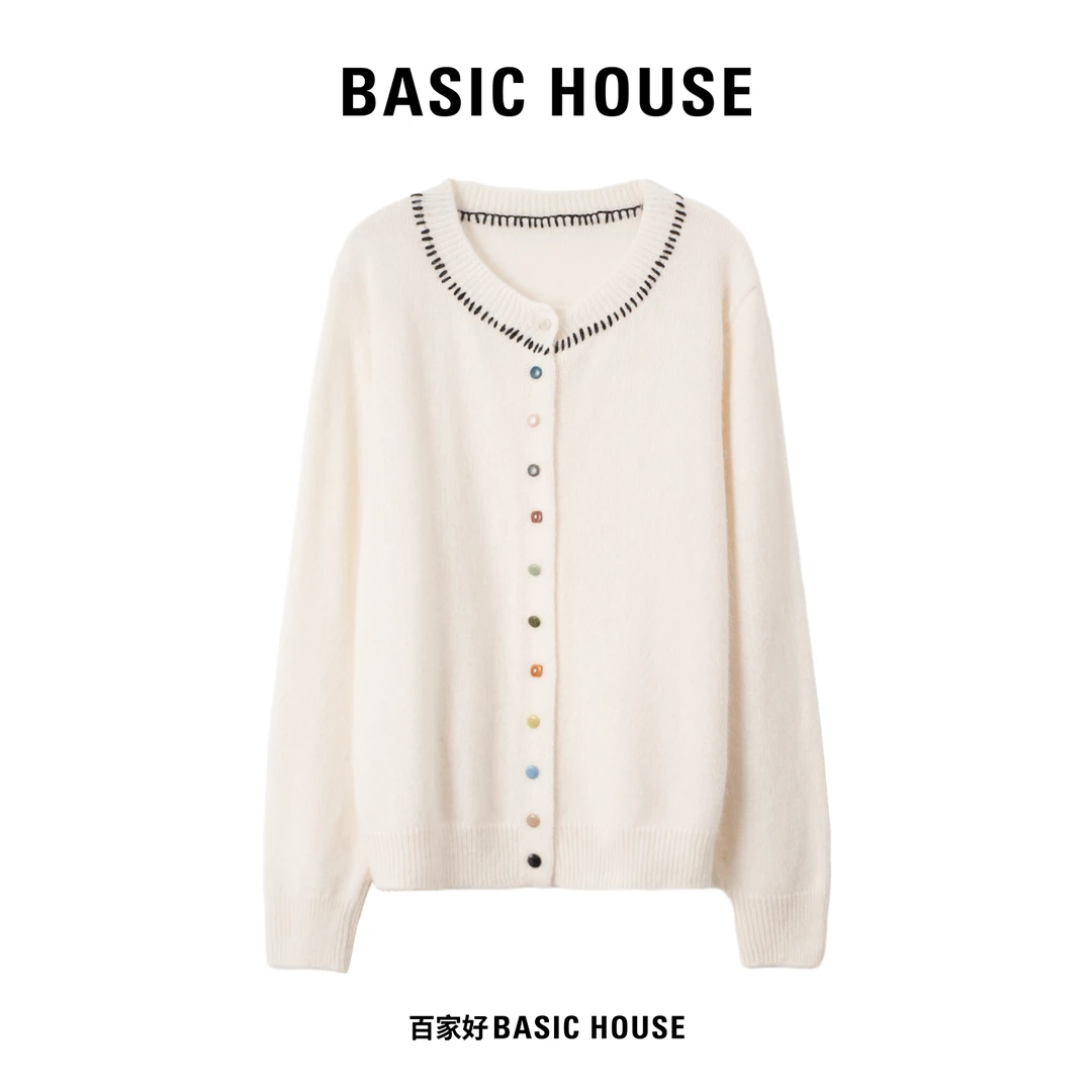 Basic House/百家好2025年新款彩扣圆领休闲条纹针织衫Q382 YY