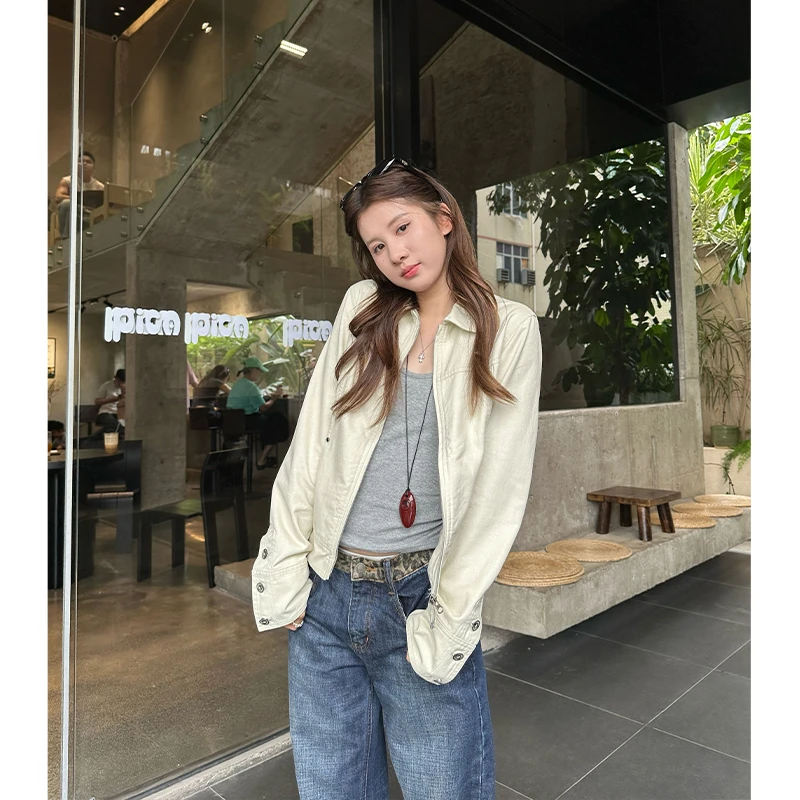 早秋新款窄版正肩夹克百搭设计感拉链工装外套女牛仔时尚休闲夹克