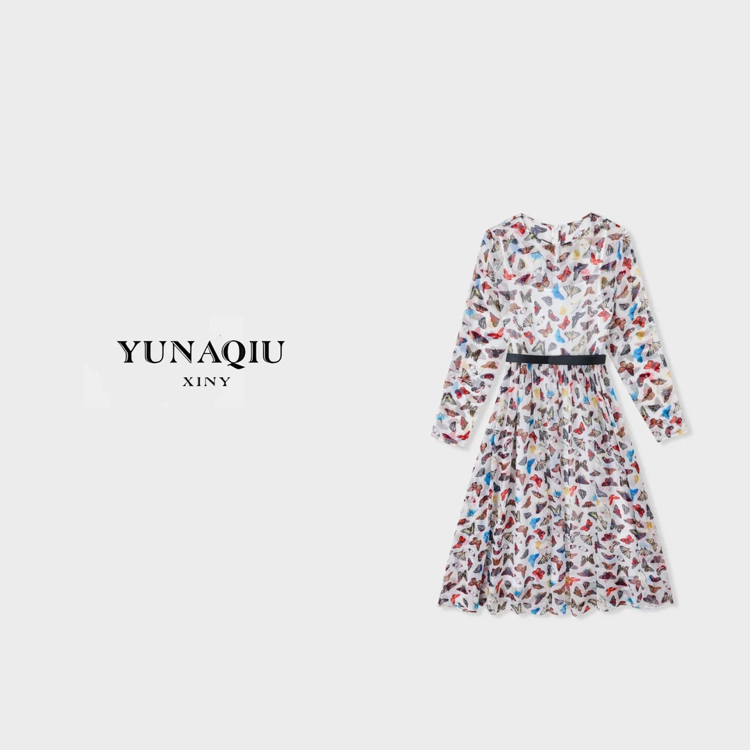 YUNAQIU 时尚收腰蝴蝶系列印花腰带款轻薄优雅半身裙-8163