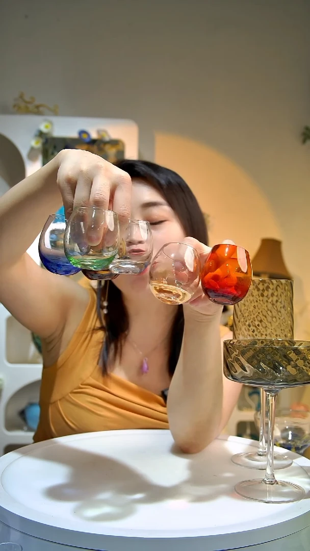 平底款水晶玻璃6只彩色不倒翁小杯