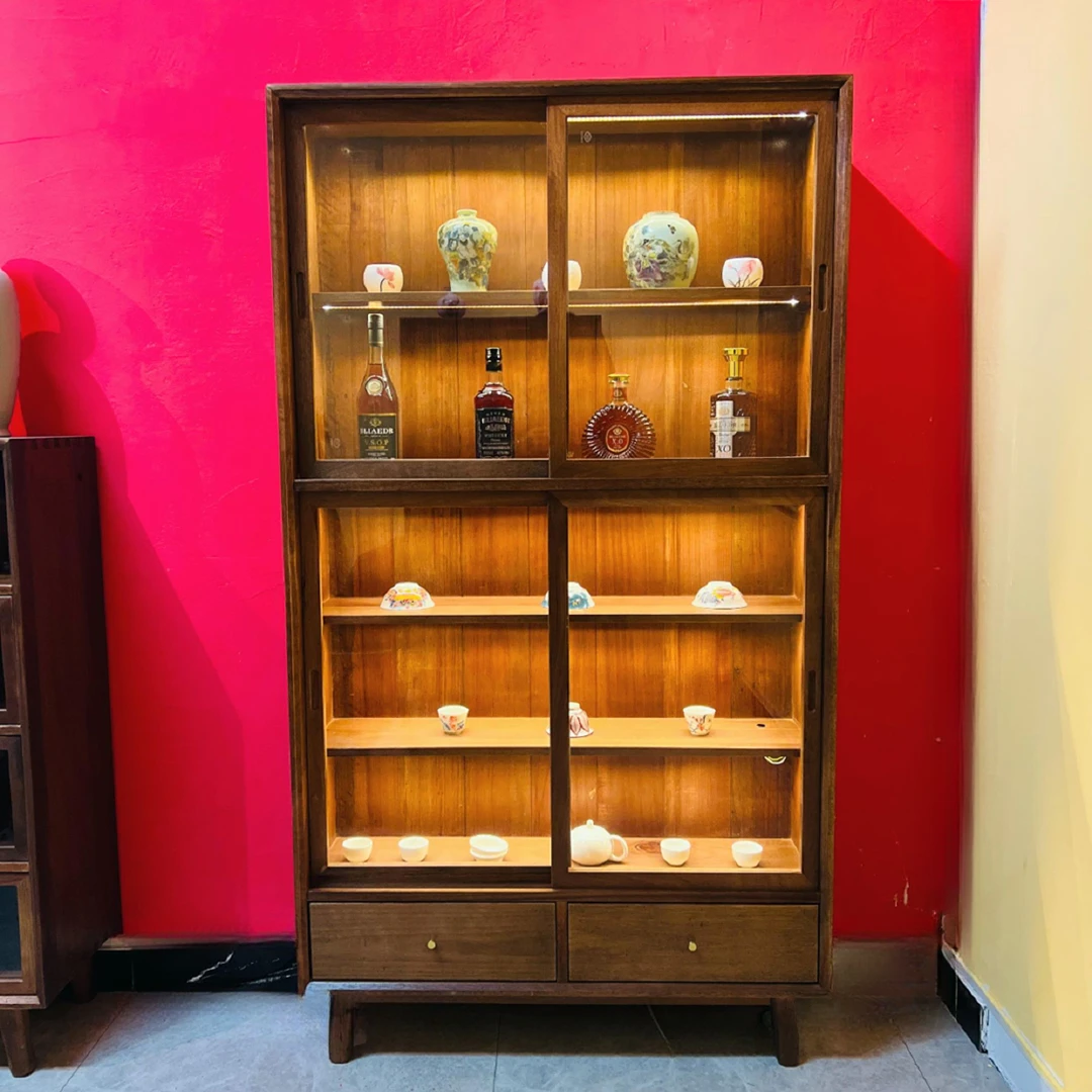 180*100茶舍木作老株木酒柜中式实木茶叶茶具展示收纳柜玻璃门柜