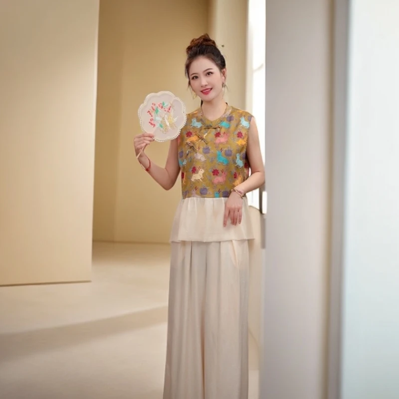 2025夏季爆款新中式国风盘扣无袖印花背心衬衫