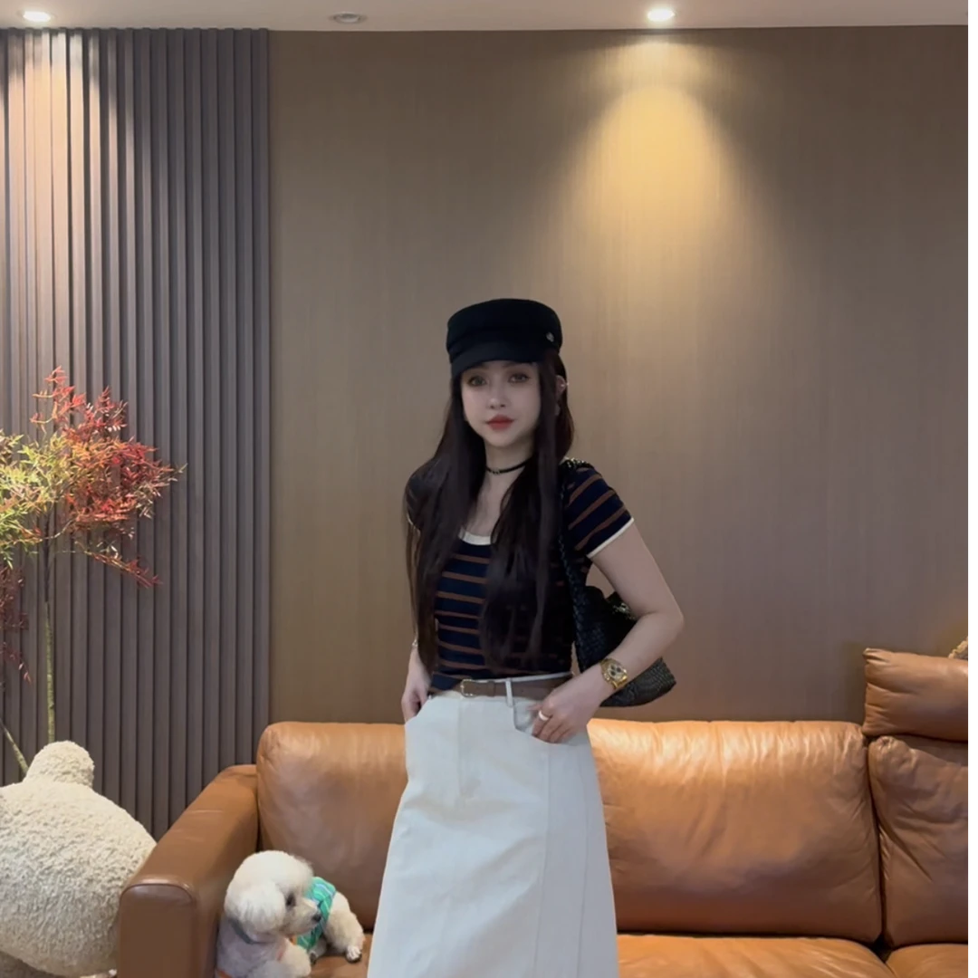 D24 正肩条纹撞色洋气修身显瘦T恤 ED2405