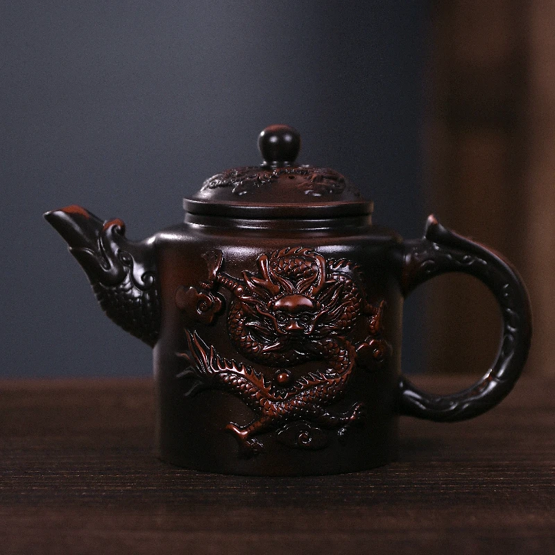 紫陶浮雕龙凤凤鸣壶大容量家用中式泡茶壶复古紫砂壶(陈荣火）C116