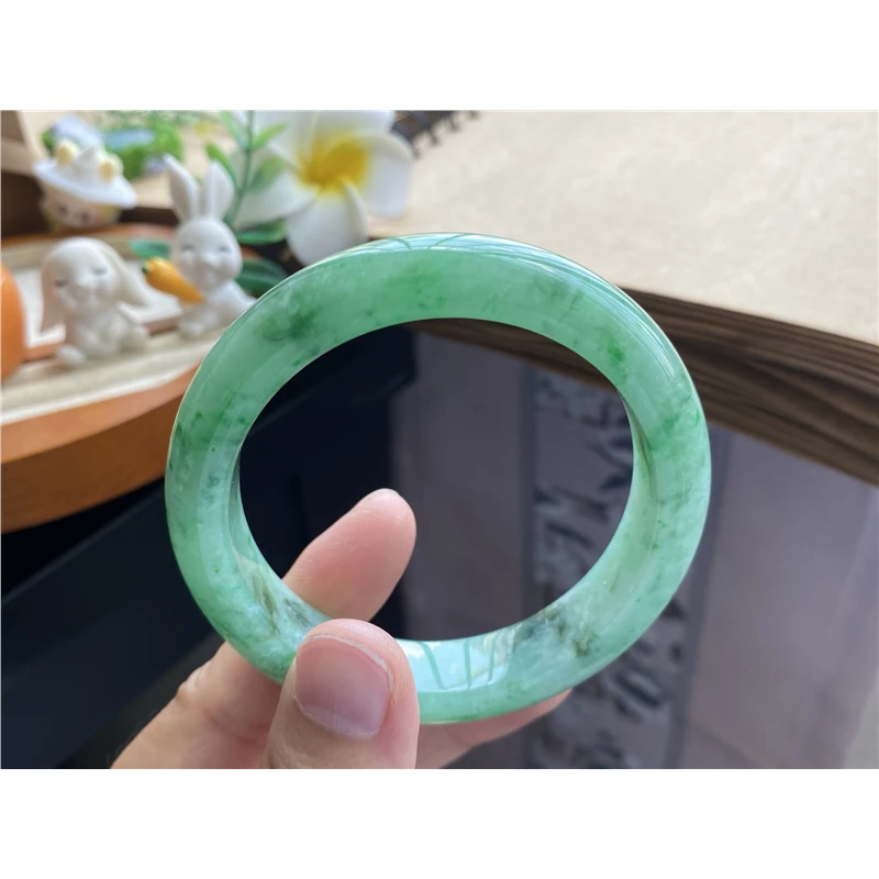 0828批青绿色飘花镯7381号55.8-12.6-8.5天然翡翠手镯