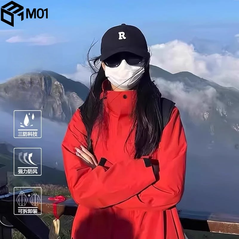 M01朱雀红冲锋衣女三合一外套2025新款户外秋季小个子登山服