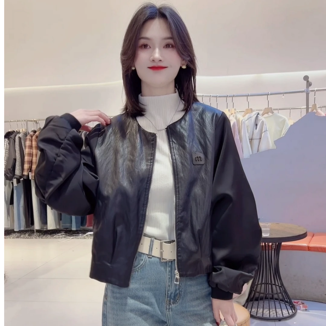 【西西里】蛋白皮拼接缎面高级棒球服短外套