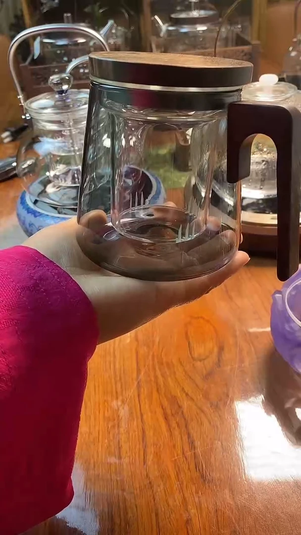 高硼硅玻璃手柄款胡桃实木烟灰色茶水分离杯