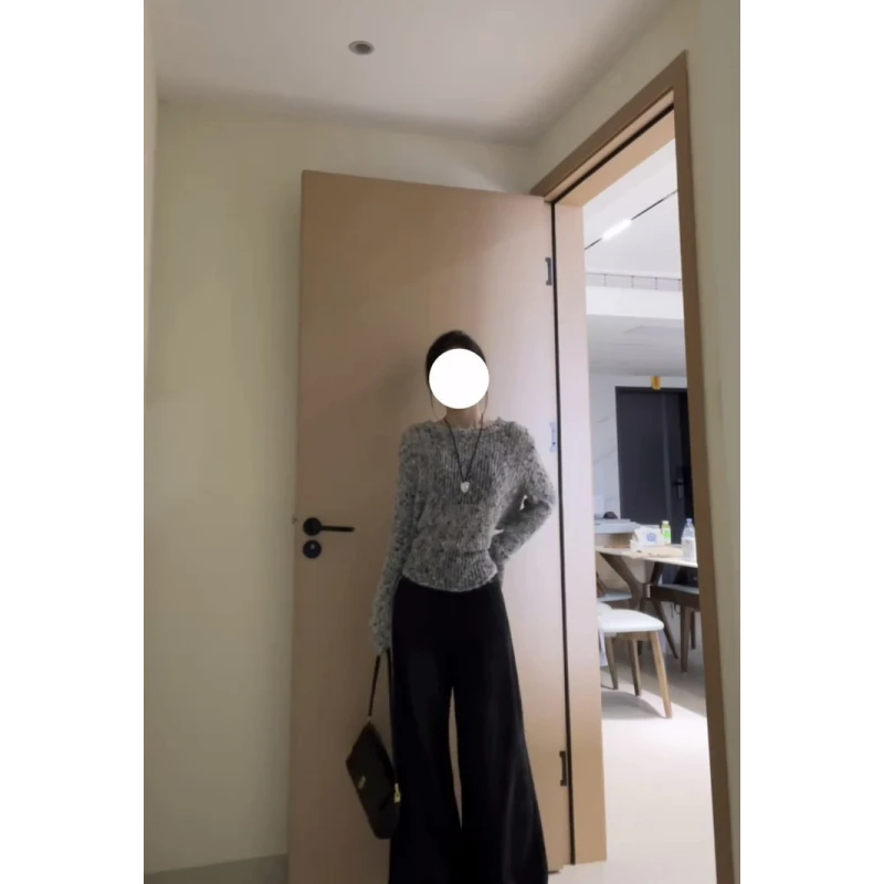 灰色镂空长袖针织衫女2025秋季爆款后背系带收腰毛衣修身显瘦上衣