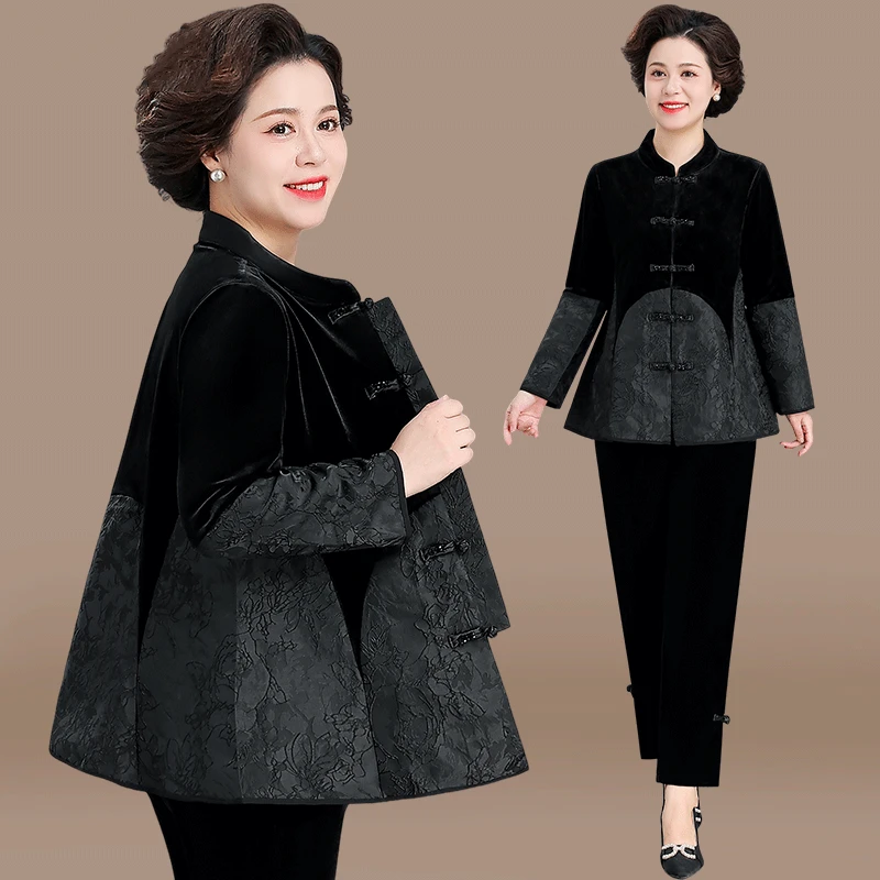 新中式国风外套洋气妈妈春装套装中老年女装阔太太春秋金丝绒上衣