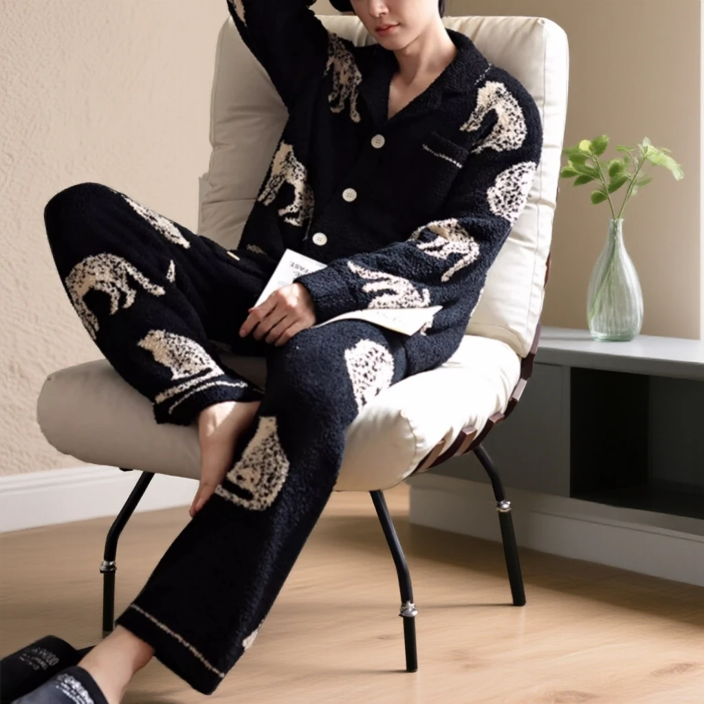 半边绒绒睡衣男士冬季加绒加厚秋冬款冬天可外穿家居服91005
