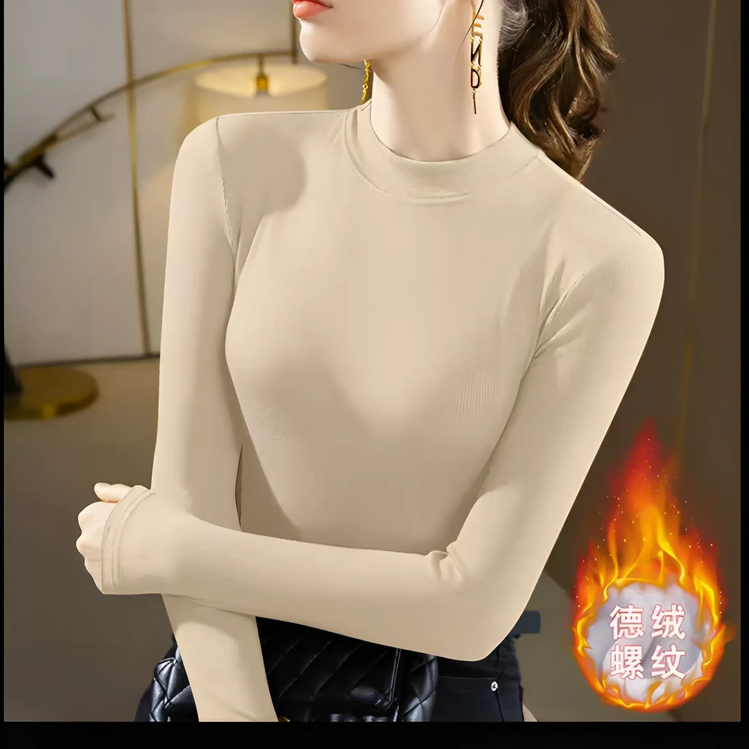 纯色双面德绒保暖内衣秋冬半高领内发热打底衫百搭减龄妈妈装上衣