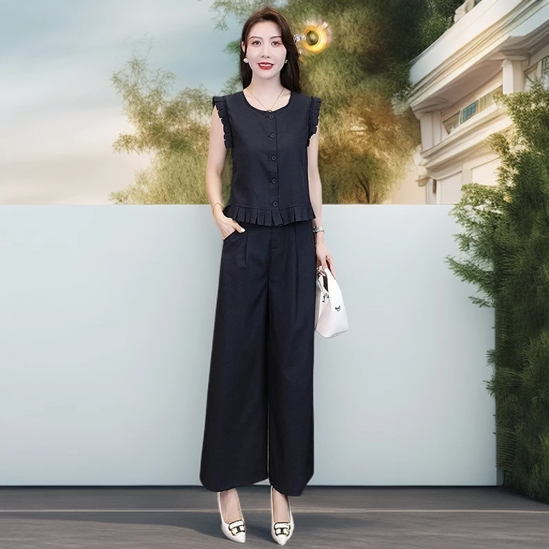 时尚阔腿裤套装女夏季2025新款网红爆I款休闲女士两件套夏装一整