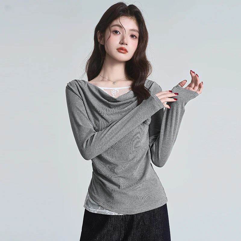 纯欲一字肩高级感长袖T恤女2025春新款褶皱收腰气质短款内搭上衣