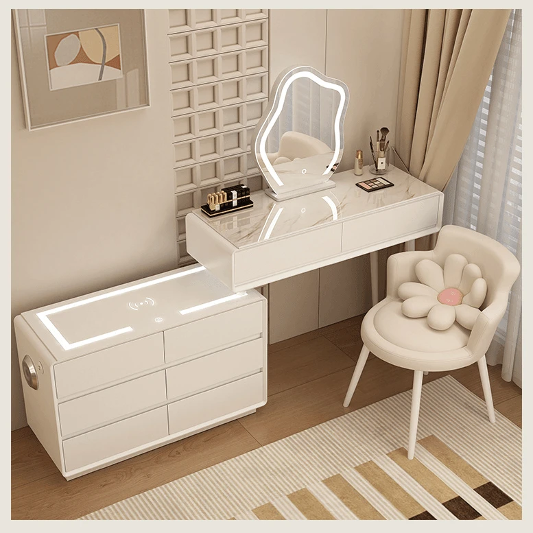 奶油风实木岩板梳妆台斗柜一体智能化妆台卧室轻奢现代简约