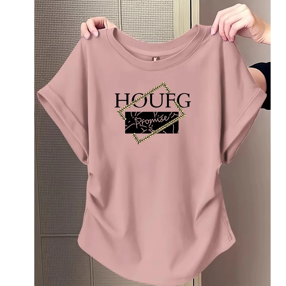 夏季新款粉色短袖小飞袖正肩t恤女小众不规则褶皱收腰显瘦上衣服