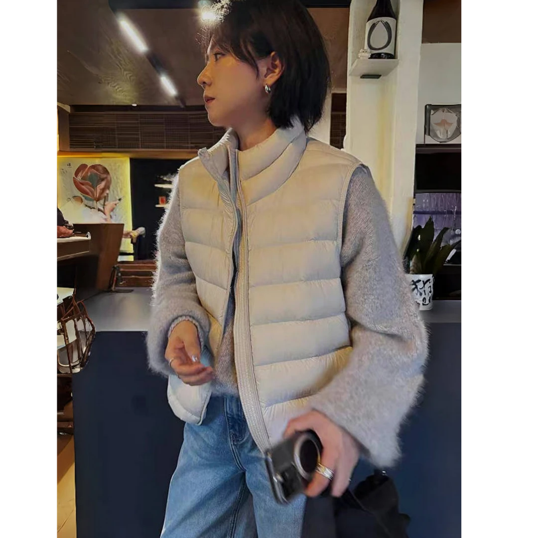 立领排骨羽绒马甲女短款2025秋冬新款韩版宽松小个子白鸭绒坎肩