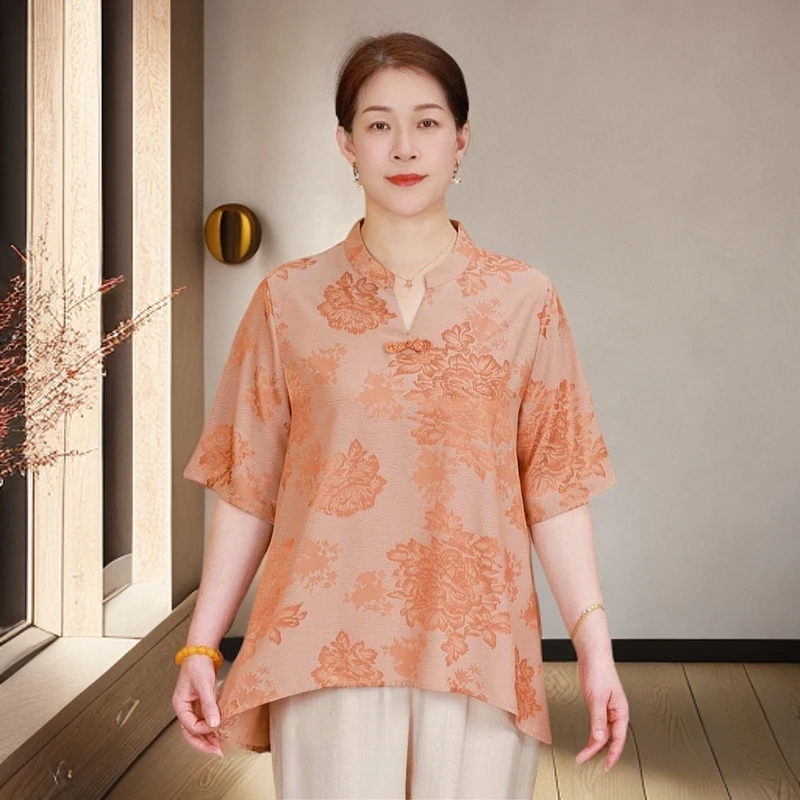 夏季新款新中式中老年妈妈短袖T恤提花气质显瘦百搭上衣