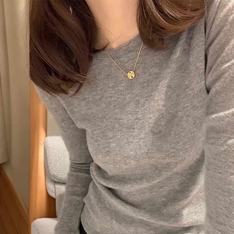 春秋长袖短款百搭薄款圆领女装高级感内搭修身显瘦毛衣针织上衣