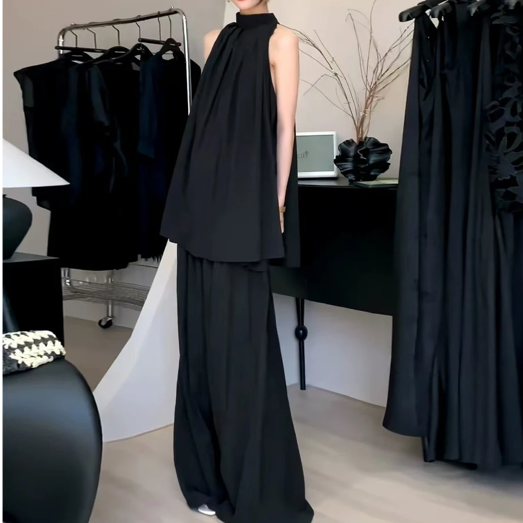 法式无袖小众挂脖露肩气质套装夏季新款挂脖背心上衣+宽松阔腿裤