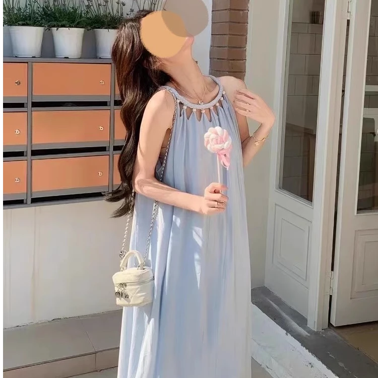 长裙夏季休闲风春天无袖连衣裙夏天韩版大码甜美薄款长款宽松