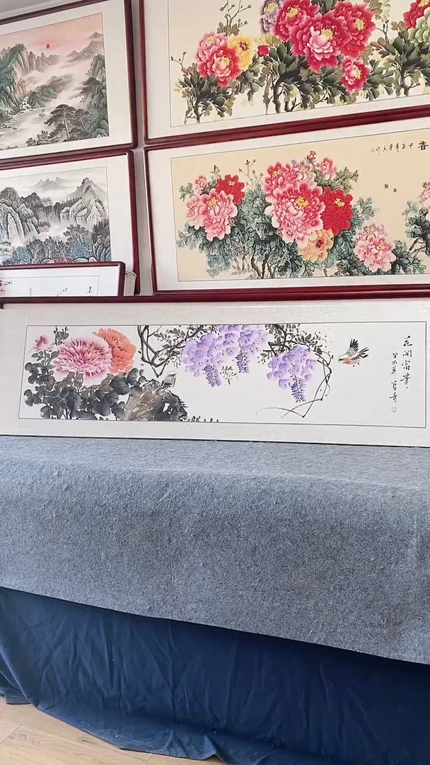 国画纯手绘国画玄关画165*50CM带框装饰字画
