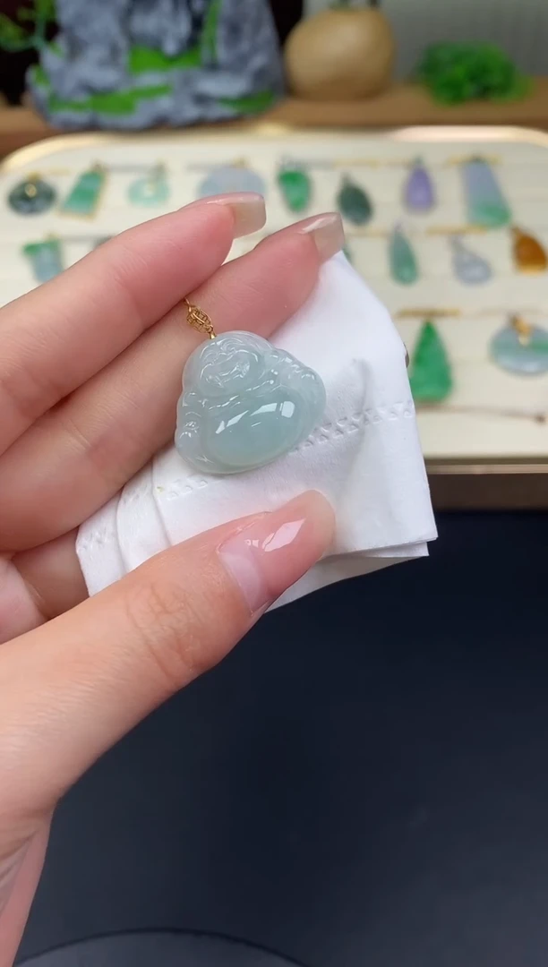 吊坠(不含链)18K金镶嵌翡翠佛公18K金扣镶嵌@@CMT