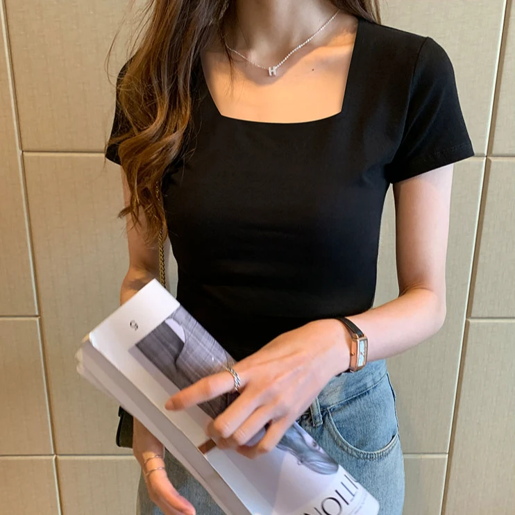 新款防透白色短袖t恤女方领修身显瘦大领口紧身上衣春夏季洋气