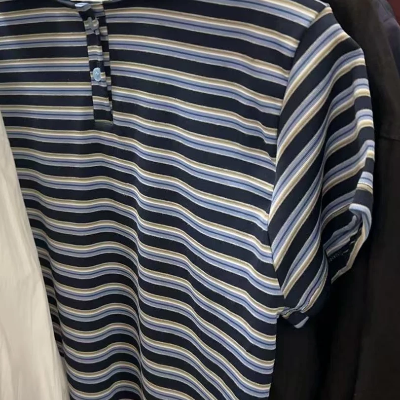 【NO退NO换】韩国东大门2025夏款蓝黄条纹花边短袖T