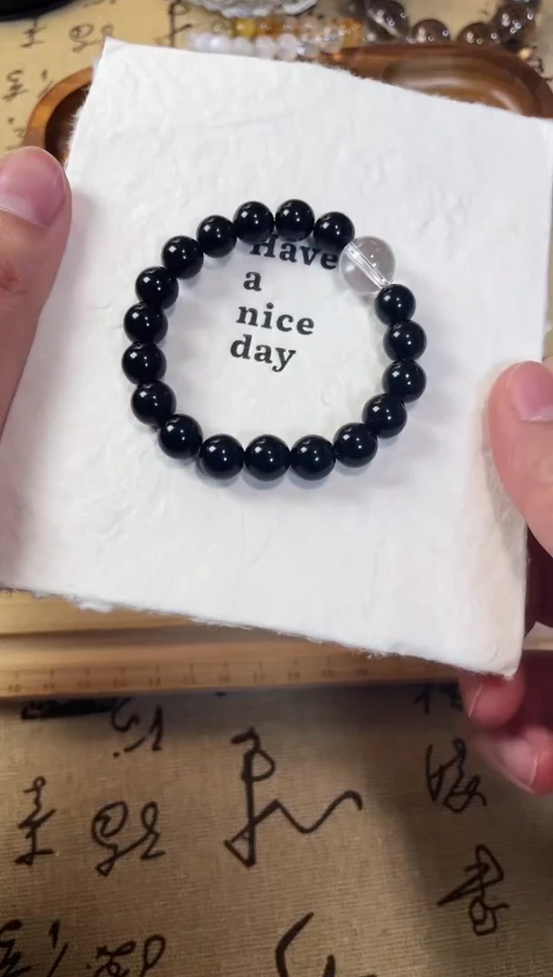 水晶手串未镶嵌猫咪定制 天然白水晶＋黑曜石