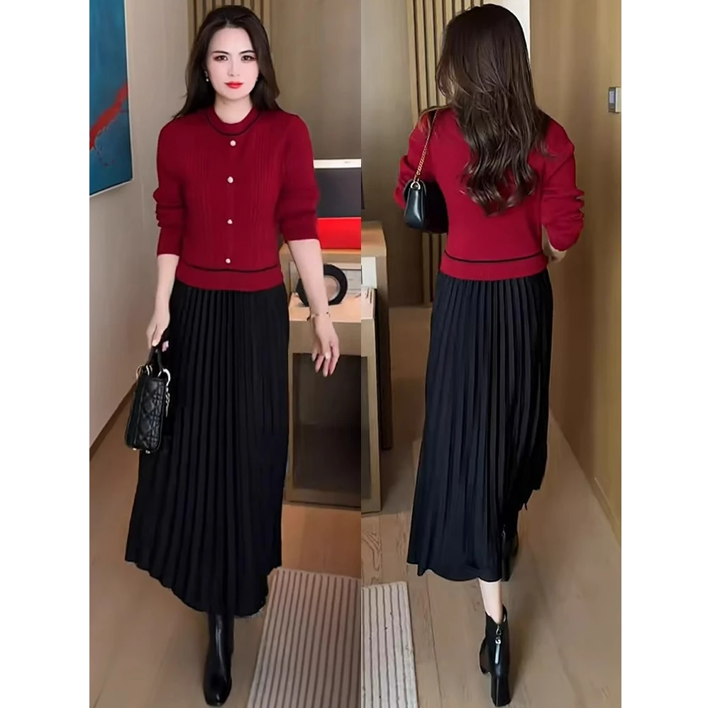 小香风针织连衣裙女2024秋冬新款时尚百搭高级感假两件显瘦打底裙