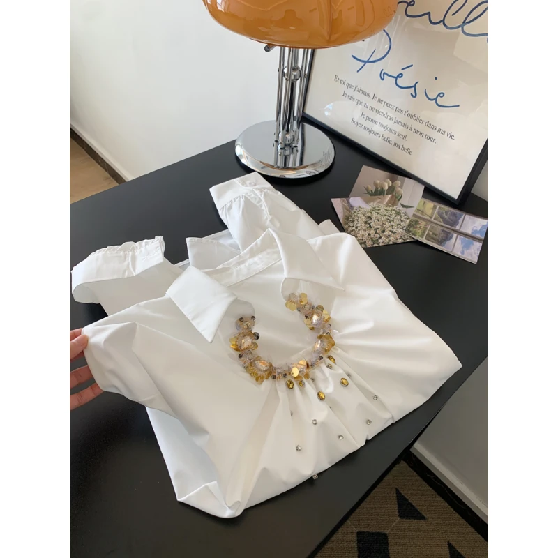 白色镶钻亮片长袖超好看独特漂亮中长款衬衫女设计感小众上衣小衫