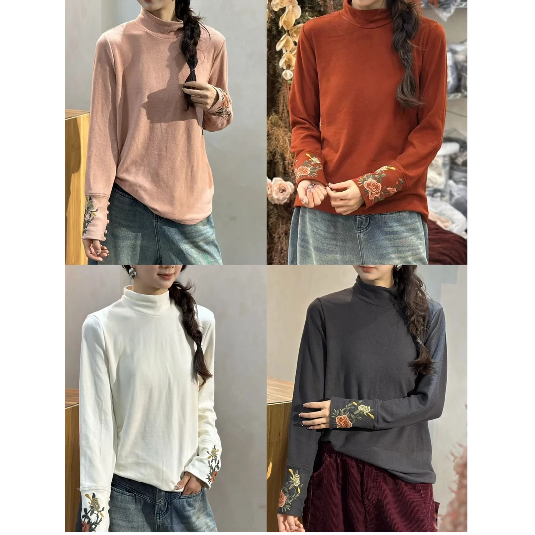 袖口刺绣复古时尚德绒打底纯色冬季保暖百搭女士