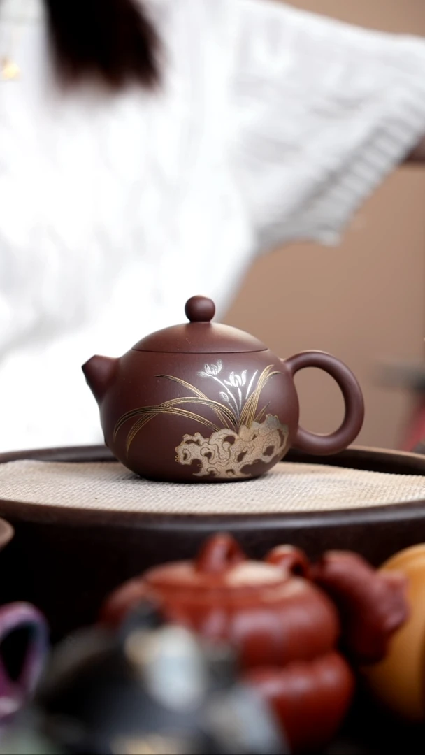 茶壶紫砂89紫泥西施金银错兰花