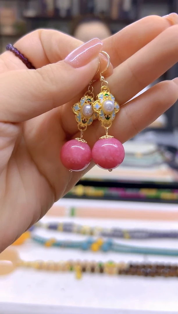 菱锰矿（红纹石）14K金镶嵌耳饰DIY款E798