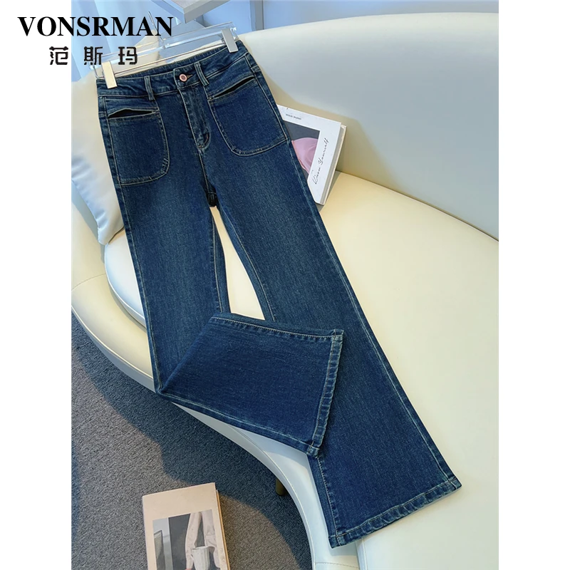 美式复古高腰微喇牛仔裤女春季2025新款今年流行高弹修身喇叭裤子