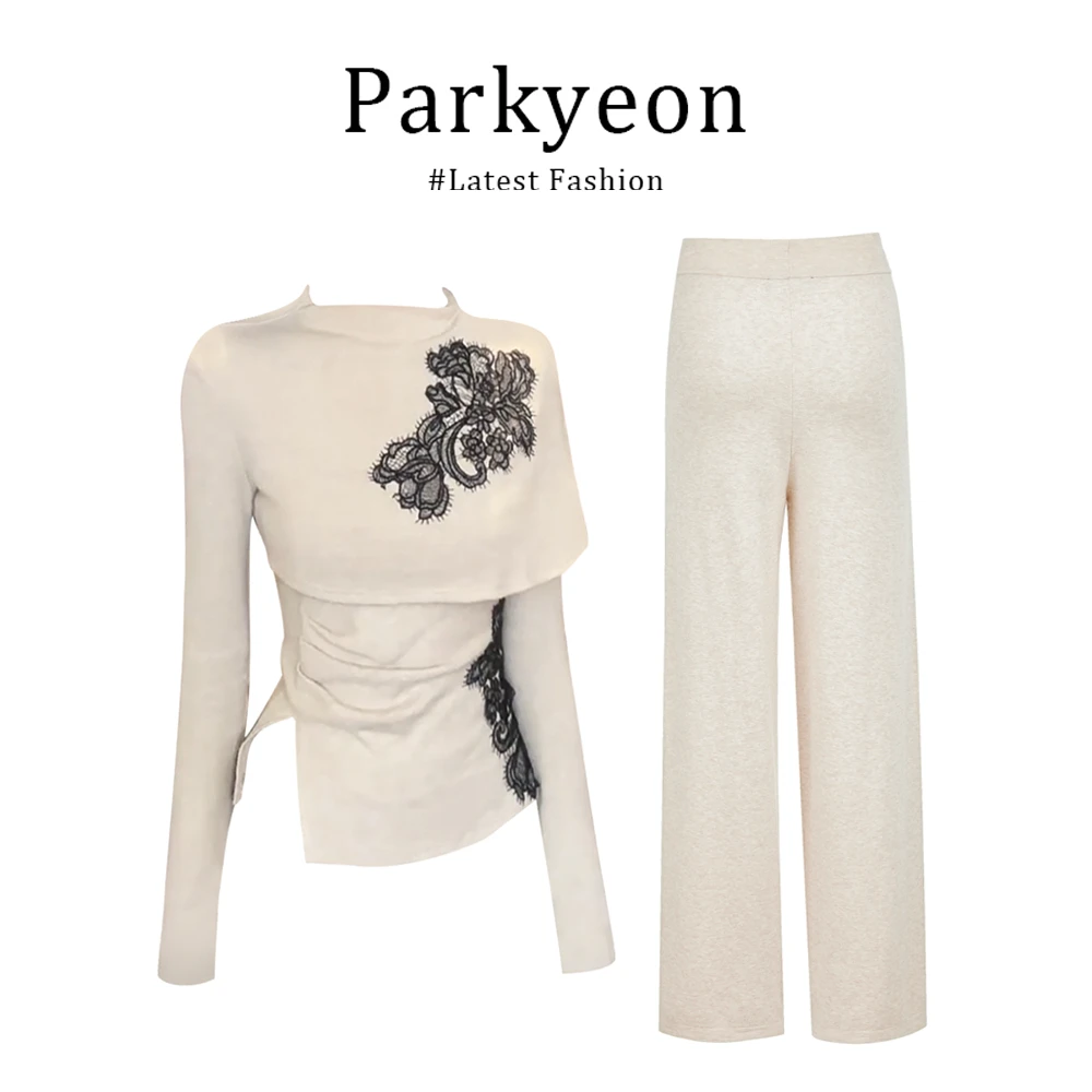 parkyeon新中式国风新款半高领长袖针织刺绣上衣女高腰阔腿裤秋