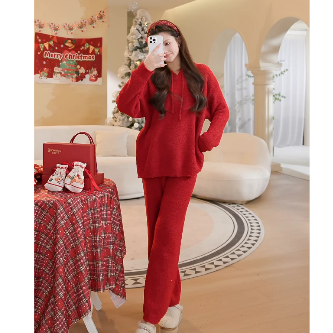 红豆 【喜庆跨年】新年时尚红色休闲宽松加绒加厚连帽家居服套装女