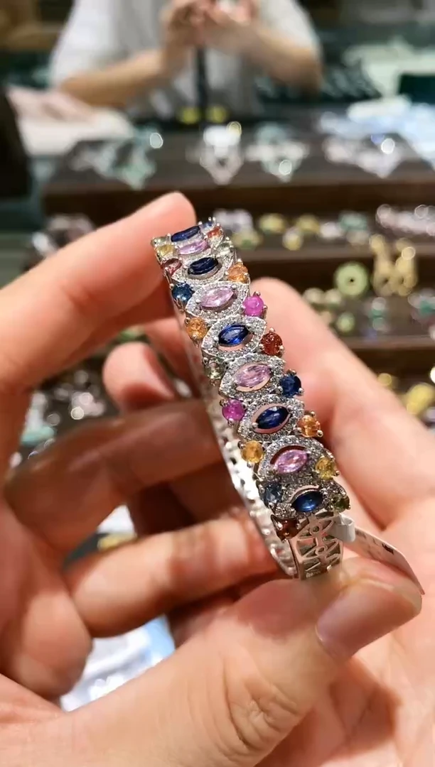 【闪购商品】蓝宝石手镯银S925镀金镶嵌手镯