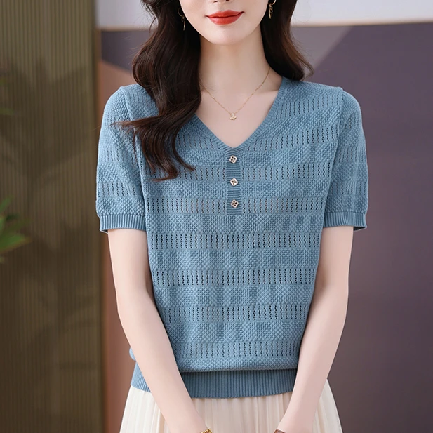 夏季通勤纽扣V领短袖针织T恤薄款女士半袖百搭洋气纯色宽松上衣