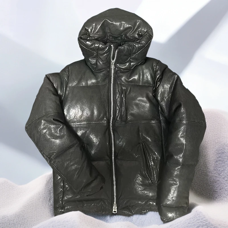复古宽松水洗旧化植鞣头层绵羊皮加厚连帽真皮皮衣男外套男士男款