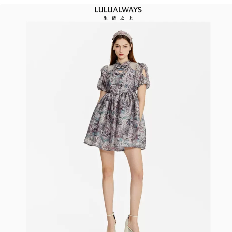 LULUALWAYS夏季蝴蝶结短袖网纱连衣裙LOB5019