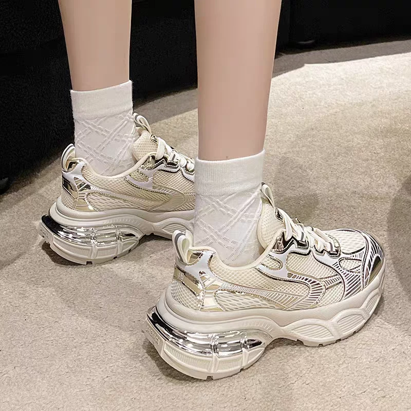 2024冬季复古网红老爹鞋女超火厚底网面透气运动鞋内增高12E01