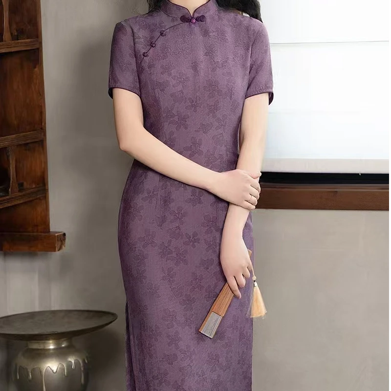紫色娴雅旗袍2025新款年轻款气质高端日常可穿走秀长款高贵老上海