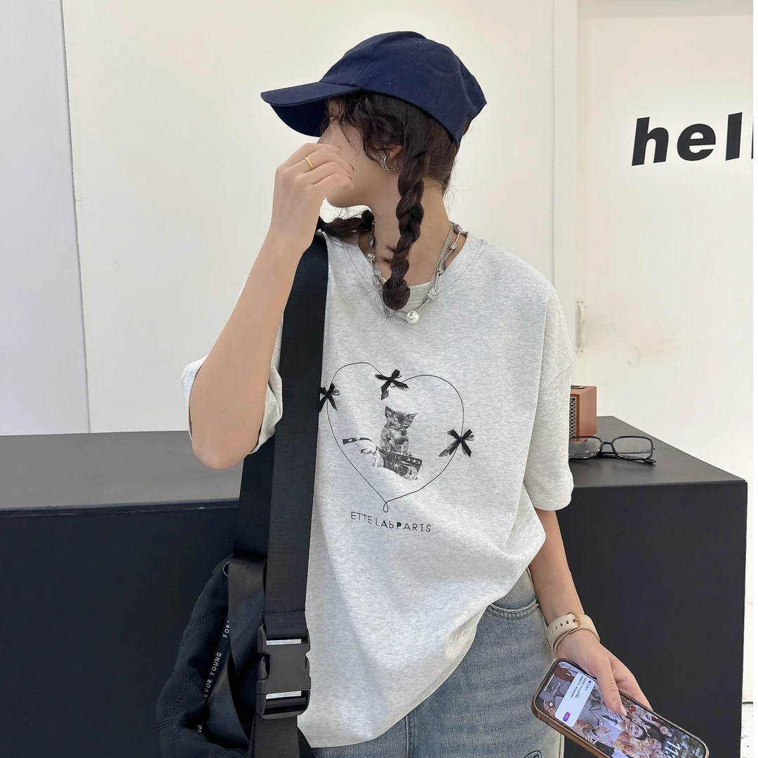 正肩百搭春季新款小猫蝴蝶结短袖-2210