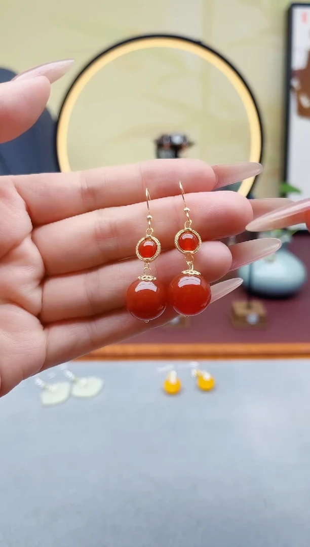 未镶嵌耳饰玛瑙/玉髓00红色转转珠