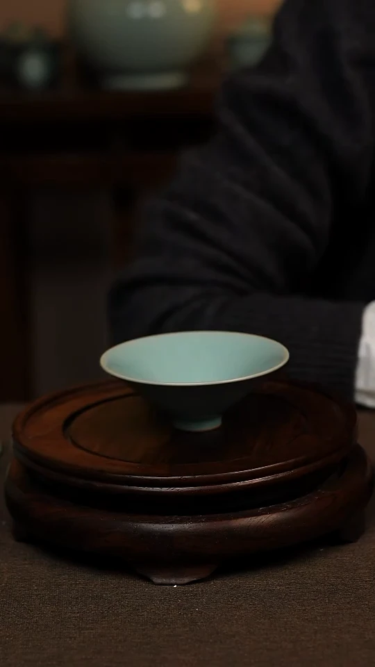 瓷片仿古天青全手工斗笠杯70ml 微瑕 不带礼盒